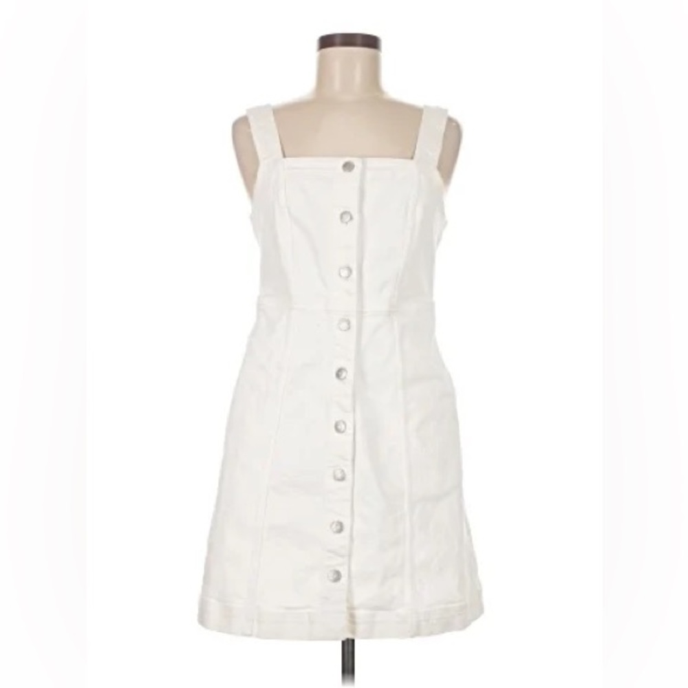 White Button-Front Denim Pinafore Dress